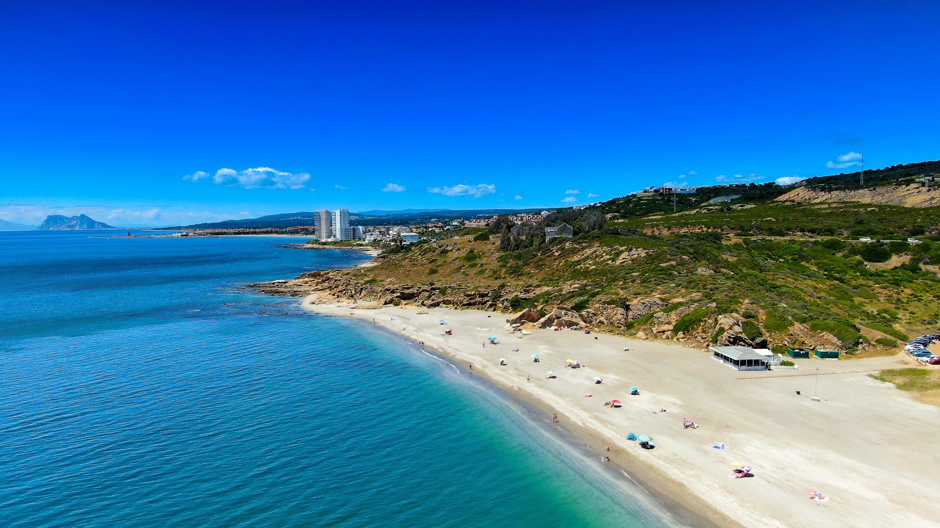 Aerial view of the Costa del Sol coastline with the Rock of Gibraltar on the horizon